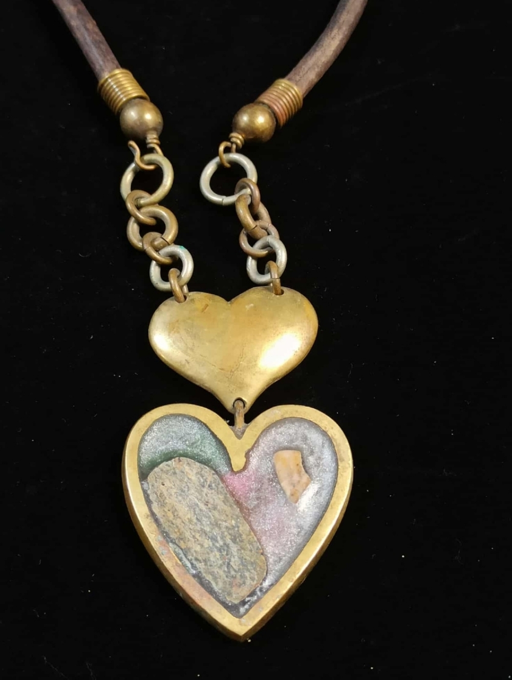 Vintage 80s Brutalist Copper Leather Necklace Sculptural Double Heart Pendant